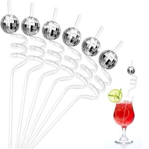 New 8 pcs Silver Disco Ball Swirl Straws